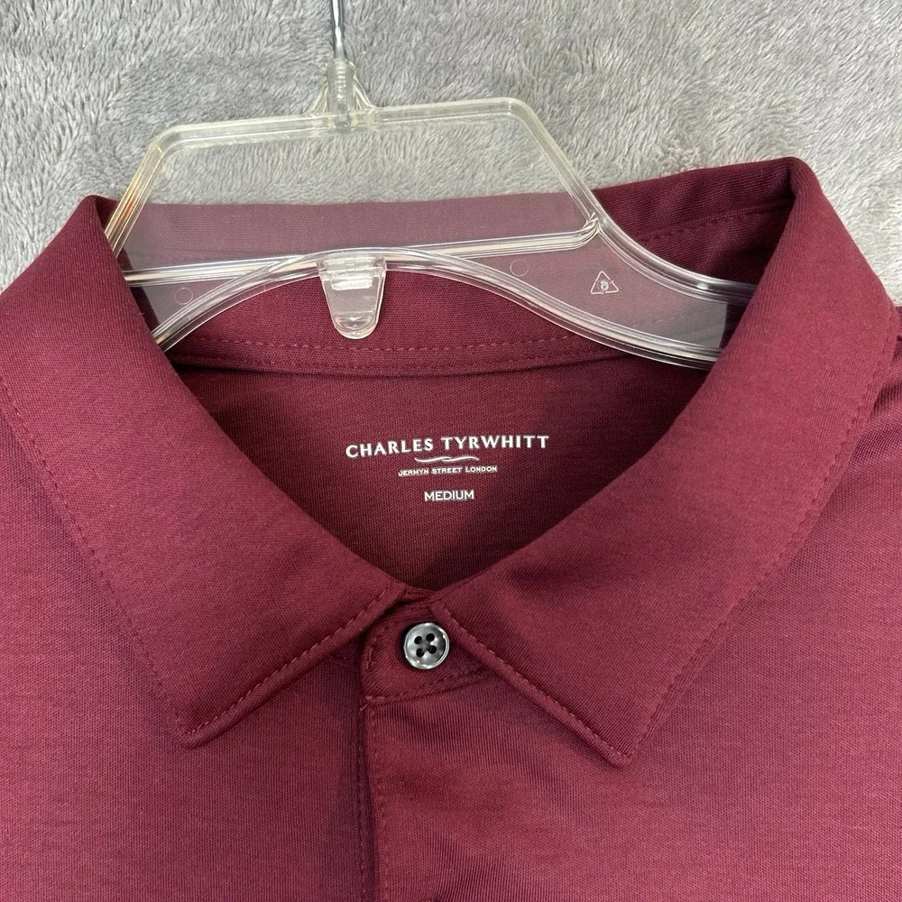 Charles Tyrwhitt Mens Medium Long Sleeves Polo Wine Red Shirt 100% Cotton Shirt - Picture 2 of 16